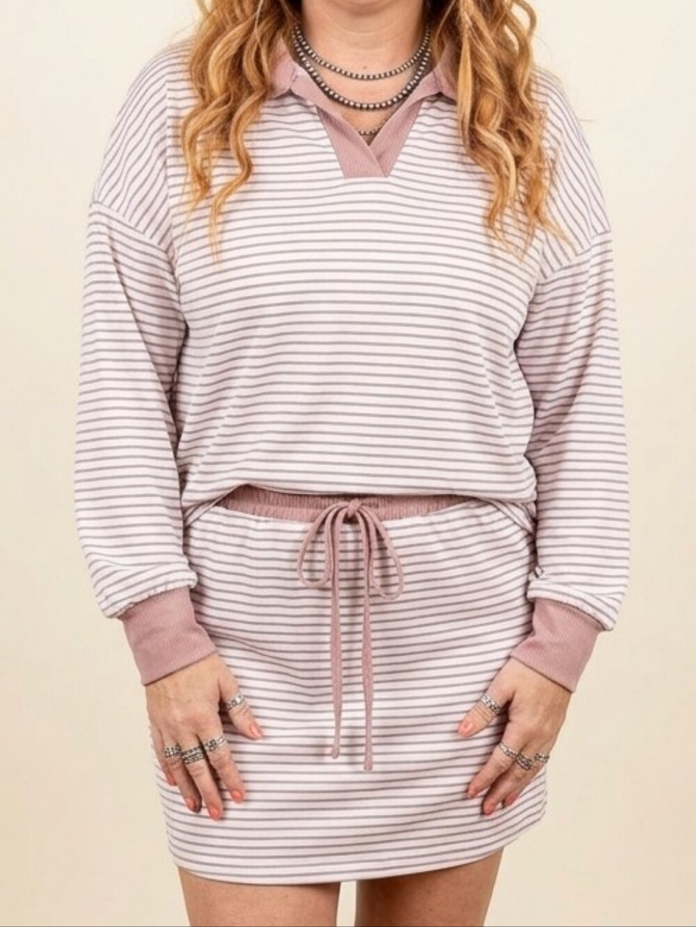 Striped Tan & White Long Sleeve Shirt w/Matchin Drawstring Waist Skirt
